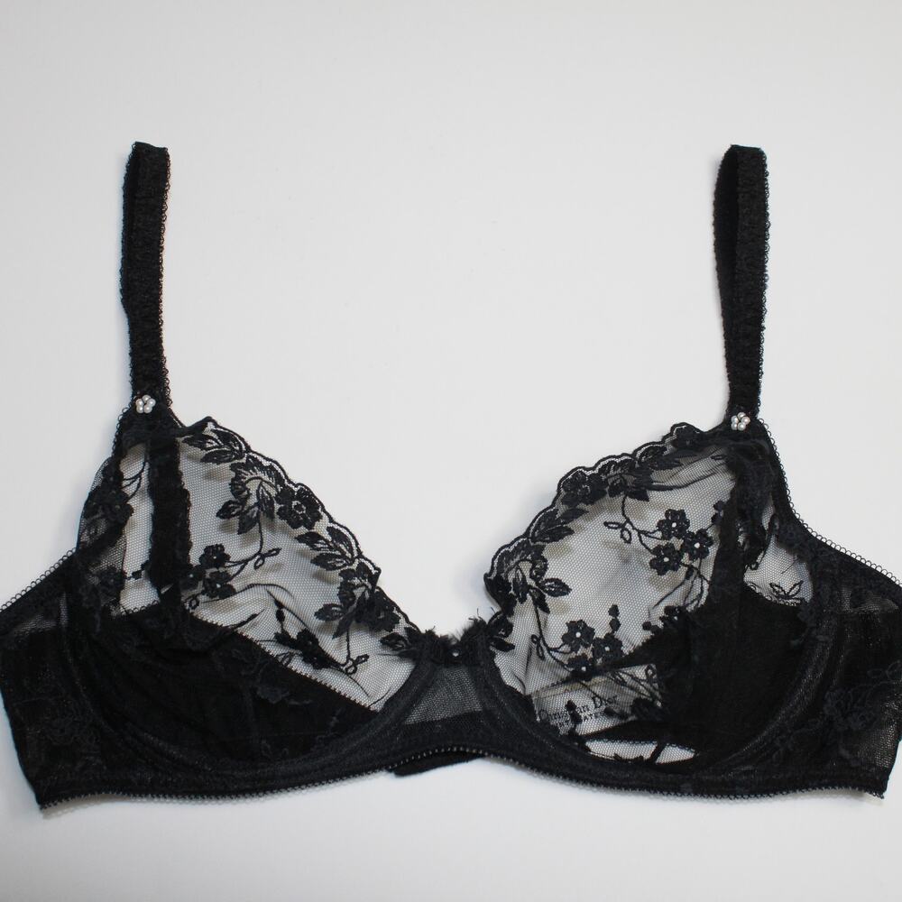 CHRISTIAN DIOR | Vintage 90s Sheer Black Floral Lace Underwire Bra Lingerie 32C